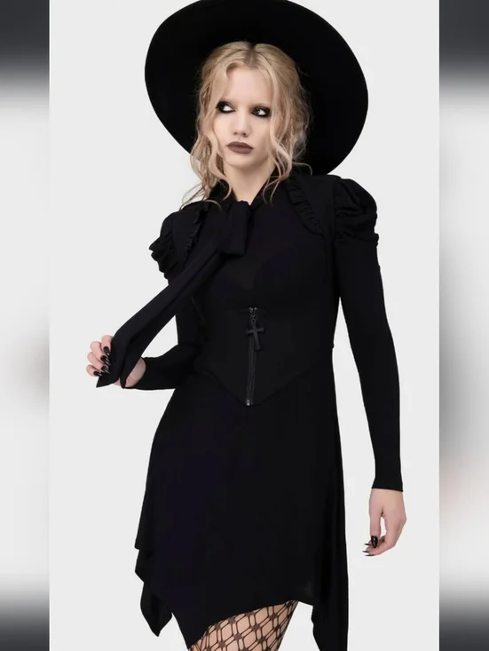 Killstar Black Long-Sleeve Tie-Front Asymmetric Dress - Picture 5 of 5